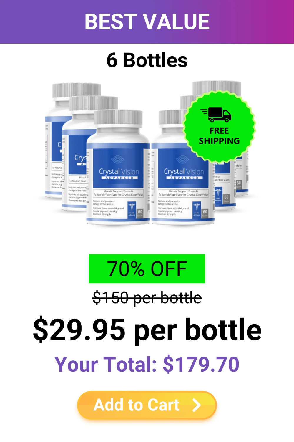 Six bottle bundle of Crystal Vision and Vision Clear Formula presented as the best value option with maximum savings.